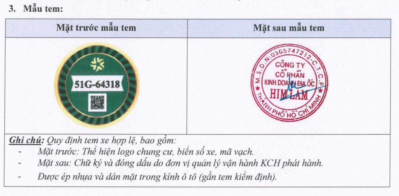 THÔNG BÁO: V/v Phát hành tem xe oto đăng ký giữ xe tháng tại KCH Him Lam Phú An.